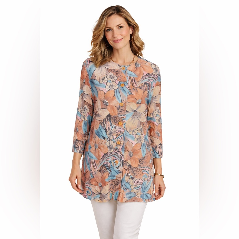 Vintage Floral Button Front Cover Up Tunic Boho Top